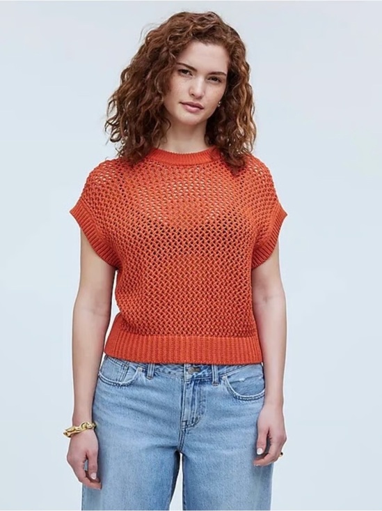 Madewell Tops - NWT Madewell Open-Knit Short Sleeve Sweater Orange Small 100% Cotton